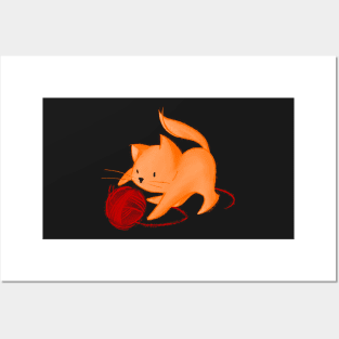 Cute Cat playing with ball of yarn - black Posters and Art